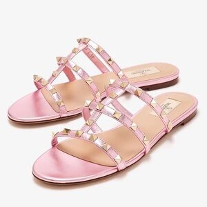Valentino Garavani Pink Metallic Rockstud Flat Sandals 38.5